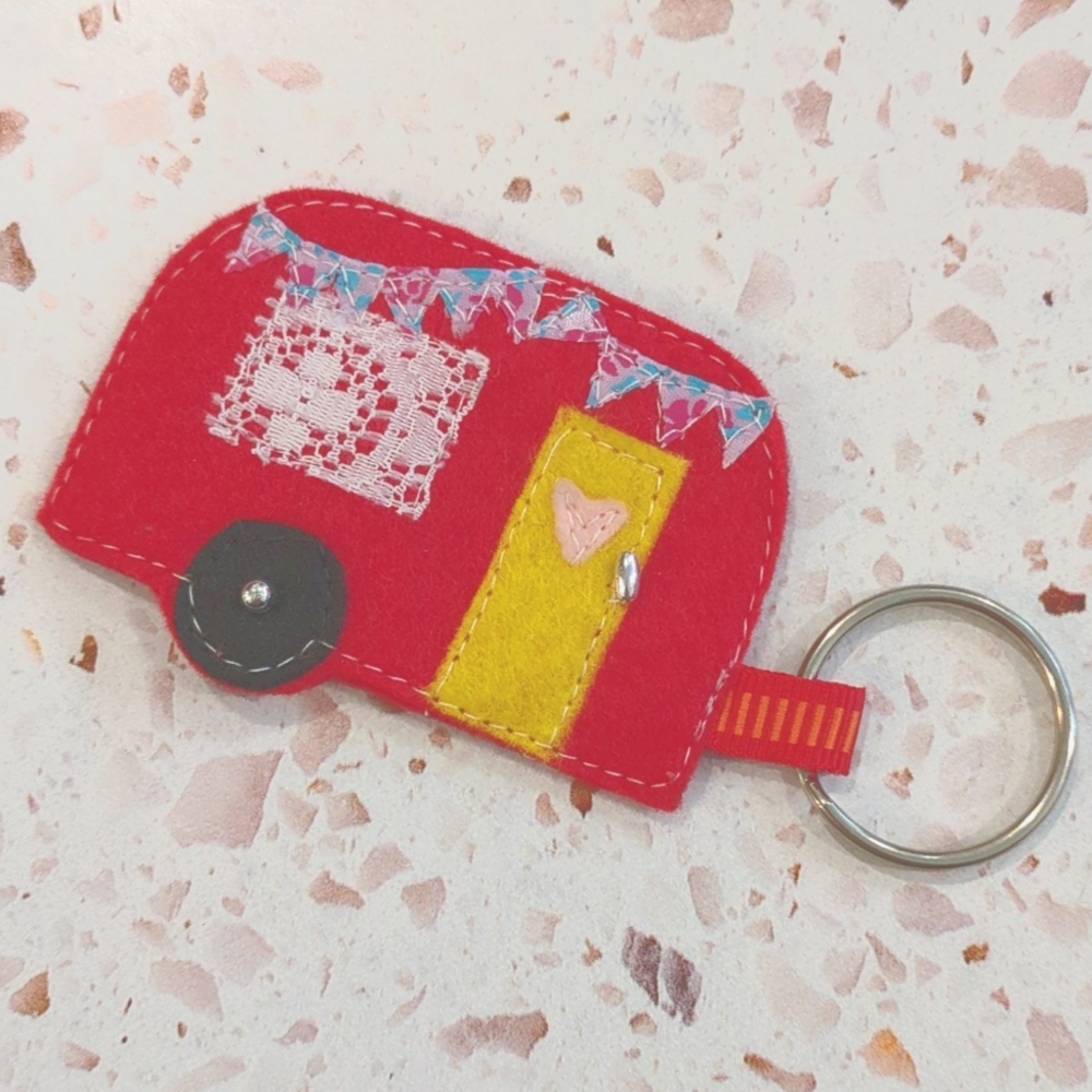 Red Retro Camper Handcrafted Key Fob Felt "Adventure Awaits" Lace Beads | New #1